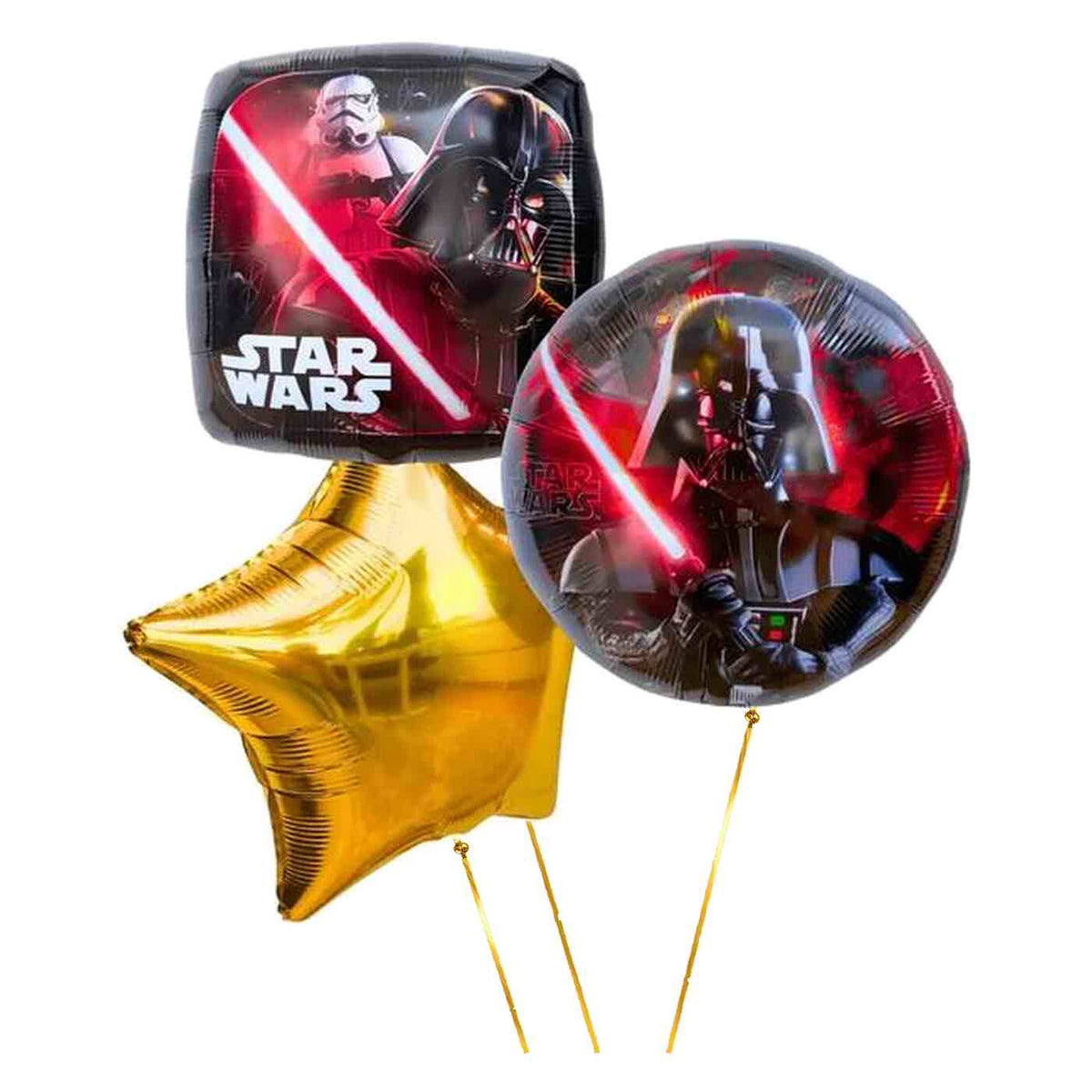 Star Wars Darth Vader Trosje – heliumgevulde ballonnen met dunne metallic-gouden lintjes op een witte achtergrond