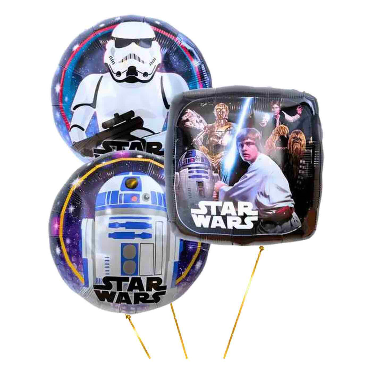 Star Wars Light Side Trosje – heliumgevulde ballonnen met dunne metallic-gouden lintjes op een witte achtergrond