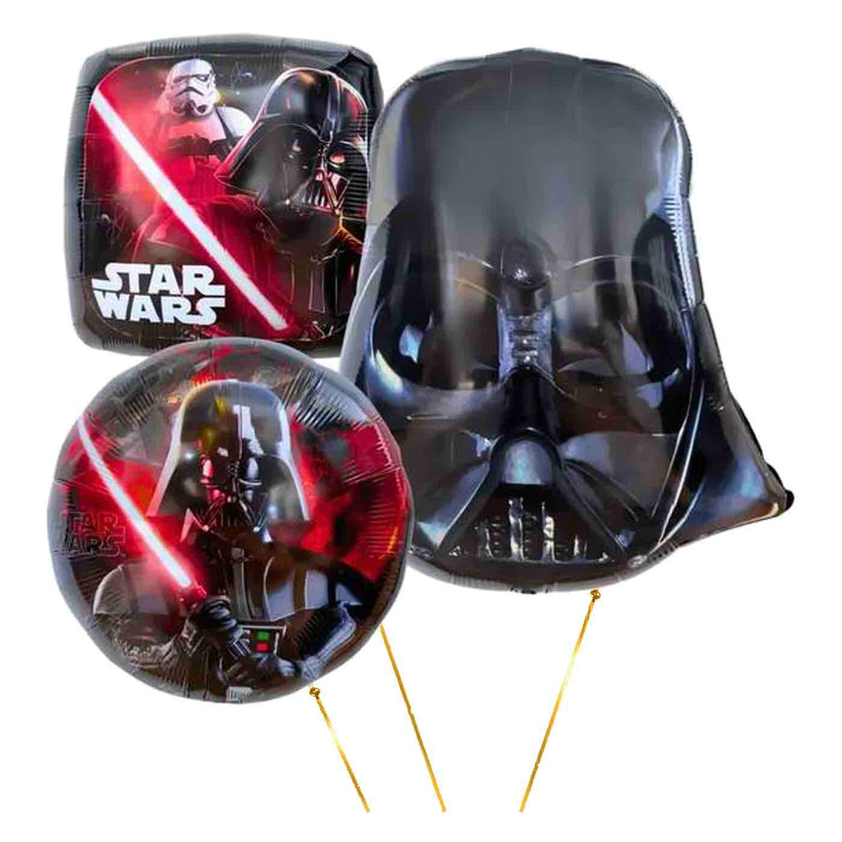Star Wars Trosje Darth Vader XL – heliumgevulde ballonnen met dunne metallic-gouden lintjes op een witte achtergrond