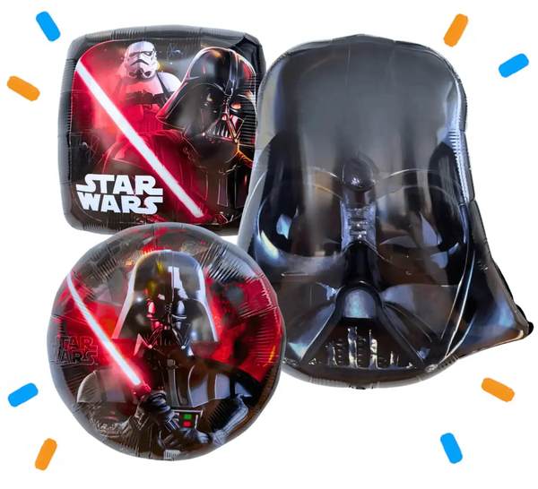 Star Wars Trosje Darth Vader XL – heliumgevulde ballonnen met dunne metallic-gouden lintjes op een witte achtergrond
