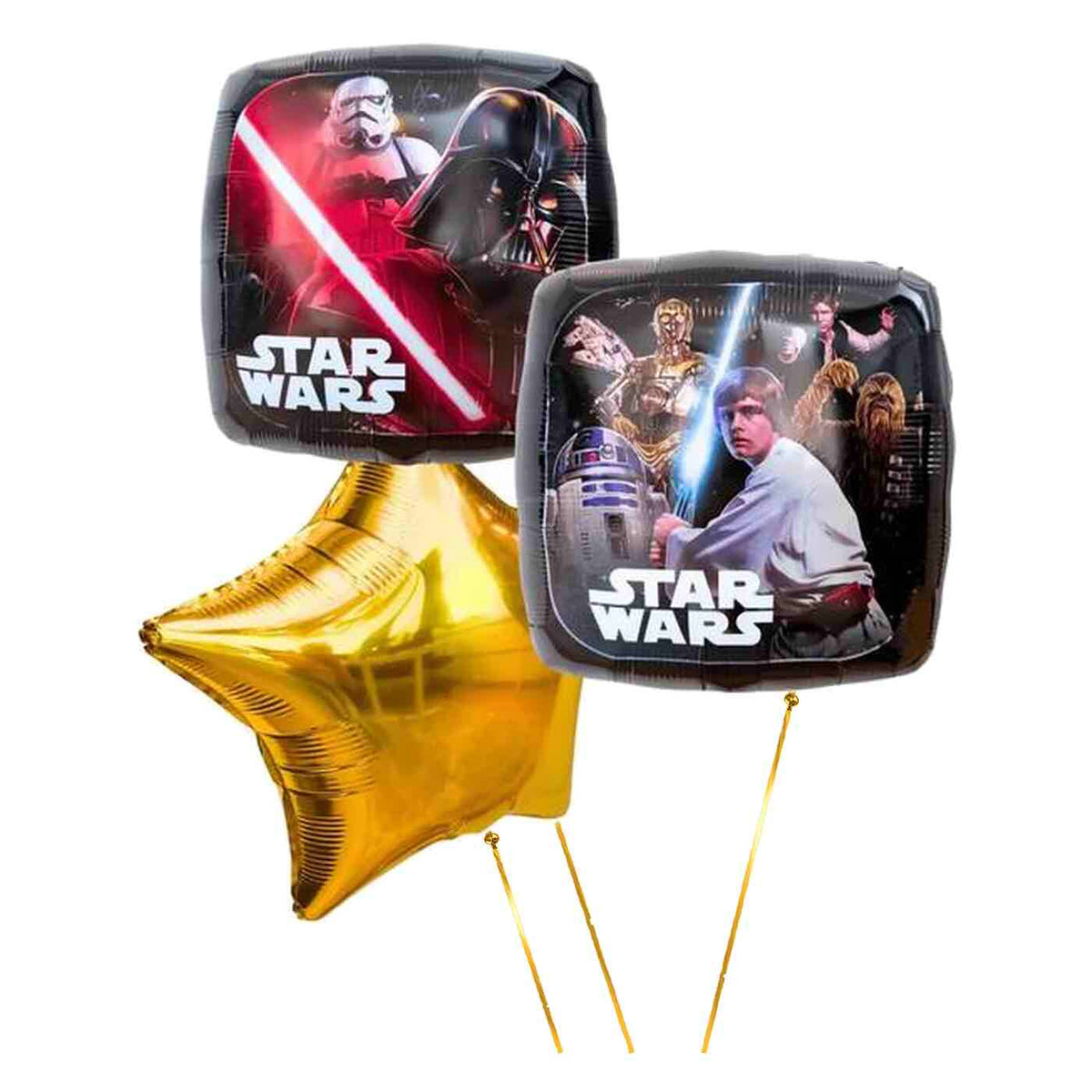 Star Wars Trosje – heliumgevulde ballonnen met dunne metallic-gouden lintjes op een witte achtergrond