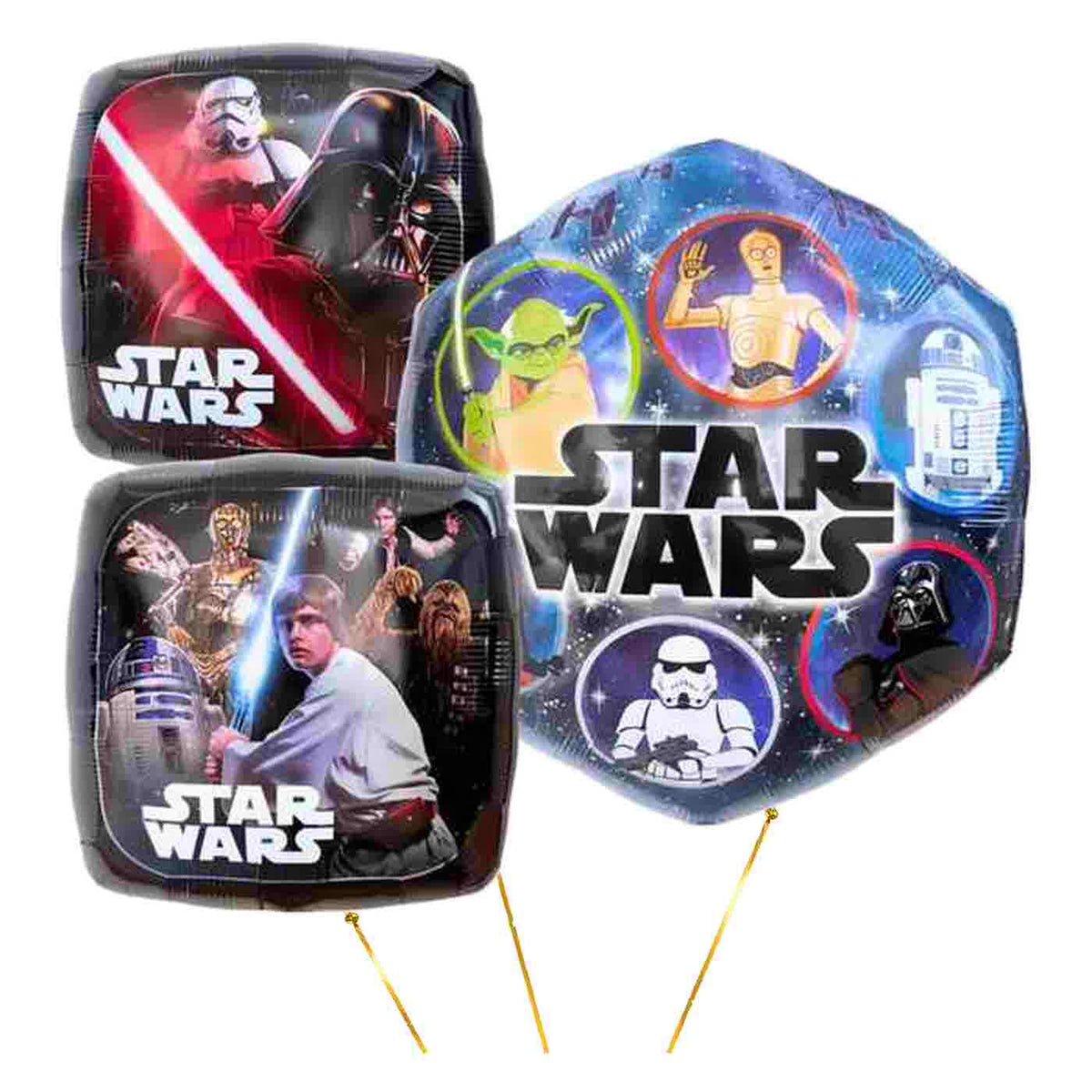 Star Wars Trosje XL – heliumgevulde ballonnen met dunne metallic-gouden lintjes op een witte achtergrond