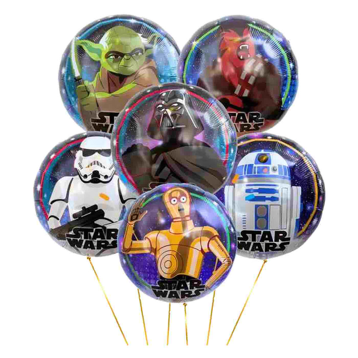 Star Wars Trosje XXXL – heliumgevulde ballonnen met dunne metallic-gouden lintjes op een witte achtergrond