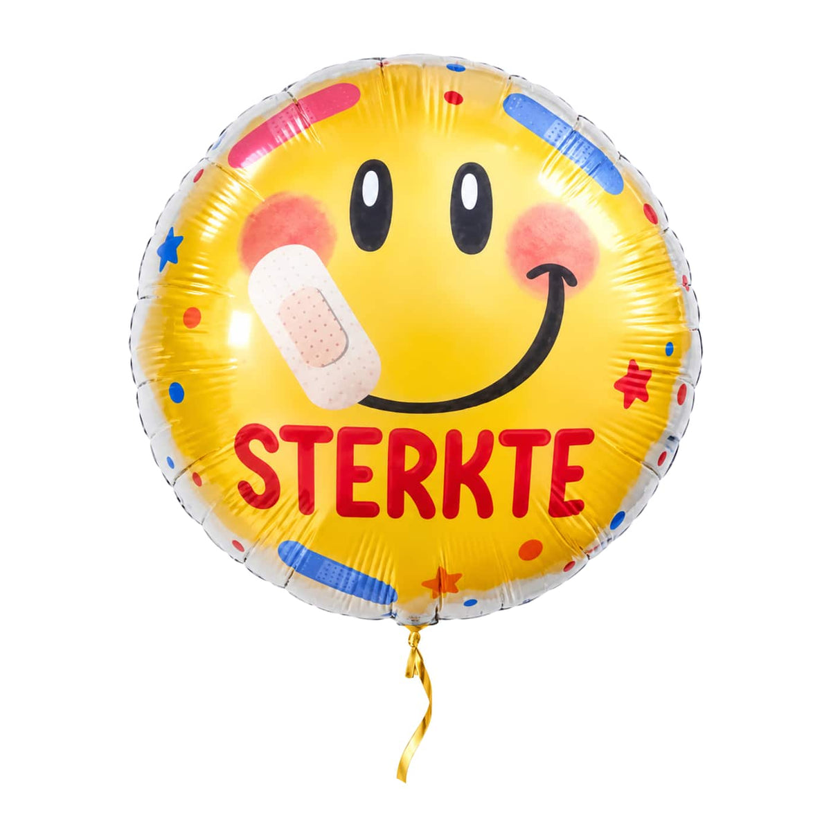 Sterkte Smiley Helium Ballon – met helium gevuld, met gouden lint