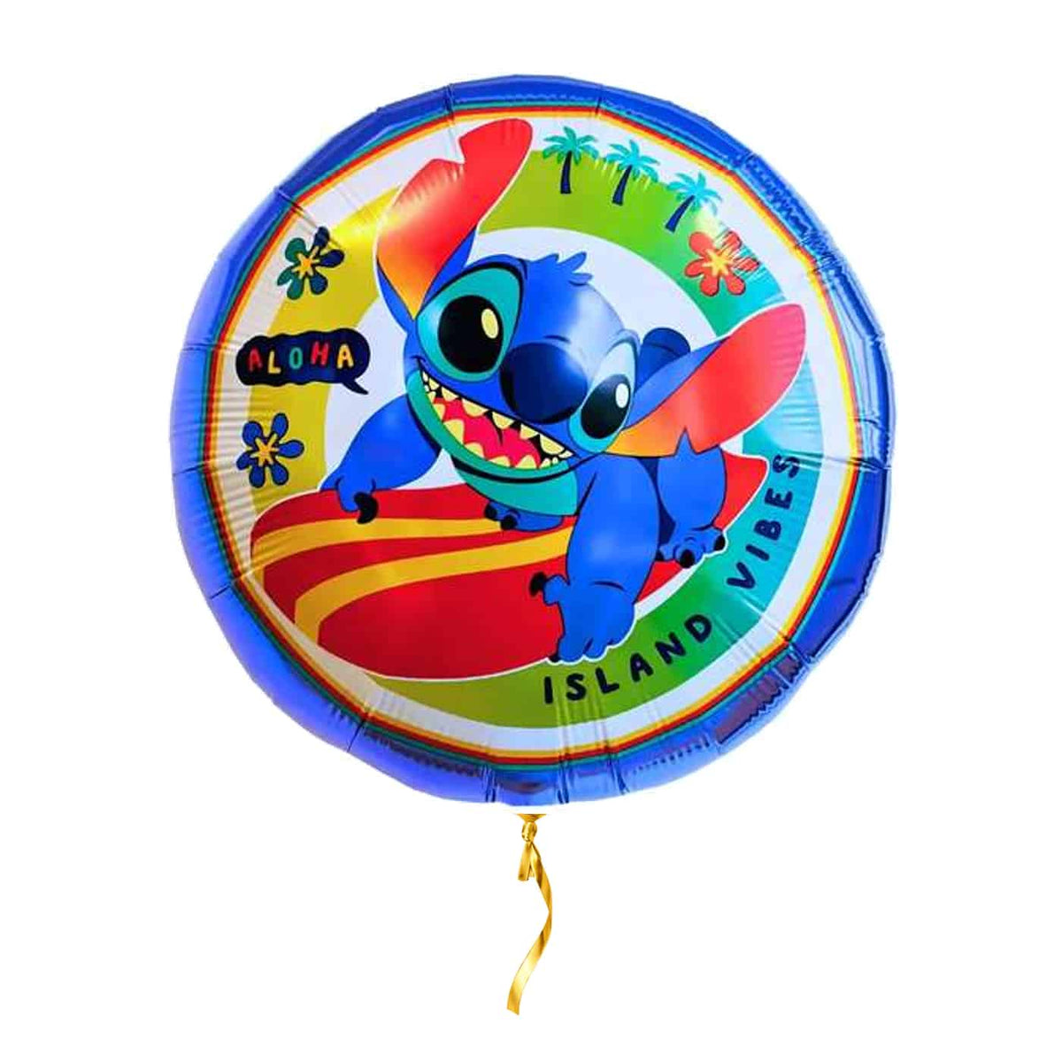 Stitch Op Surfboard Helium Ballon – met helium gevuld, met gouden lint