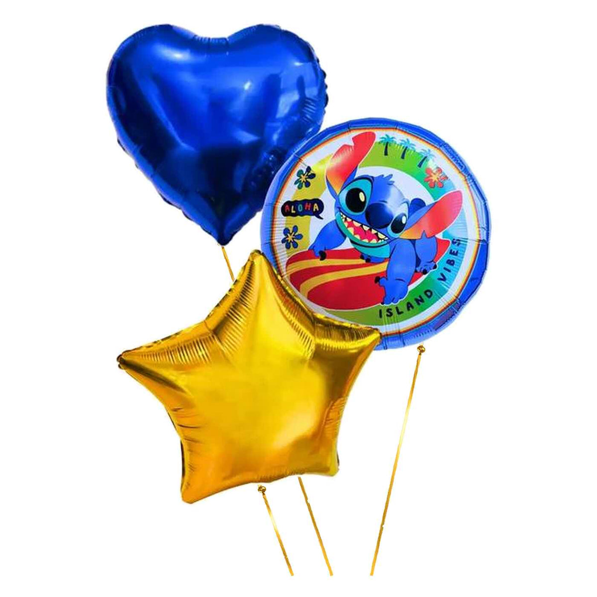 Stitch Op Surfboard Trosje – heliumgevulde ballonnen met dunne metallic-gouden lintjes op een witte achtergrond