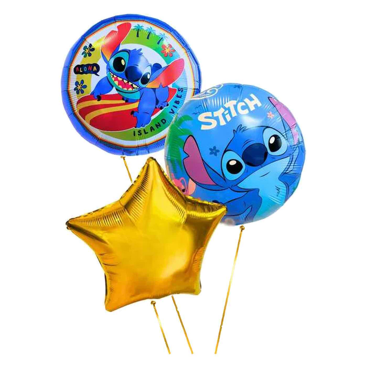 Stitch Trosje – heliumgevulde ballonnen met dunne metallic-gouden lintjes op een witte achtergrond