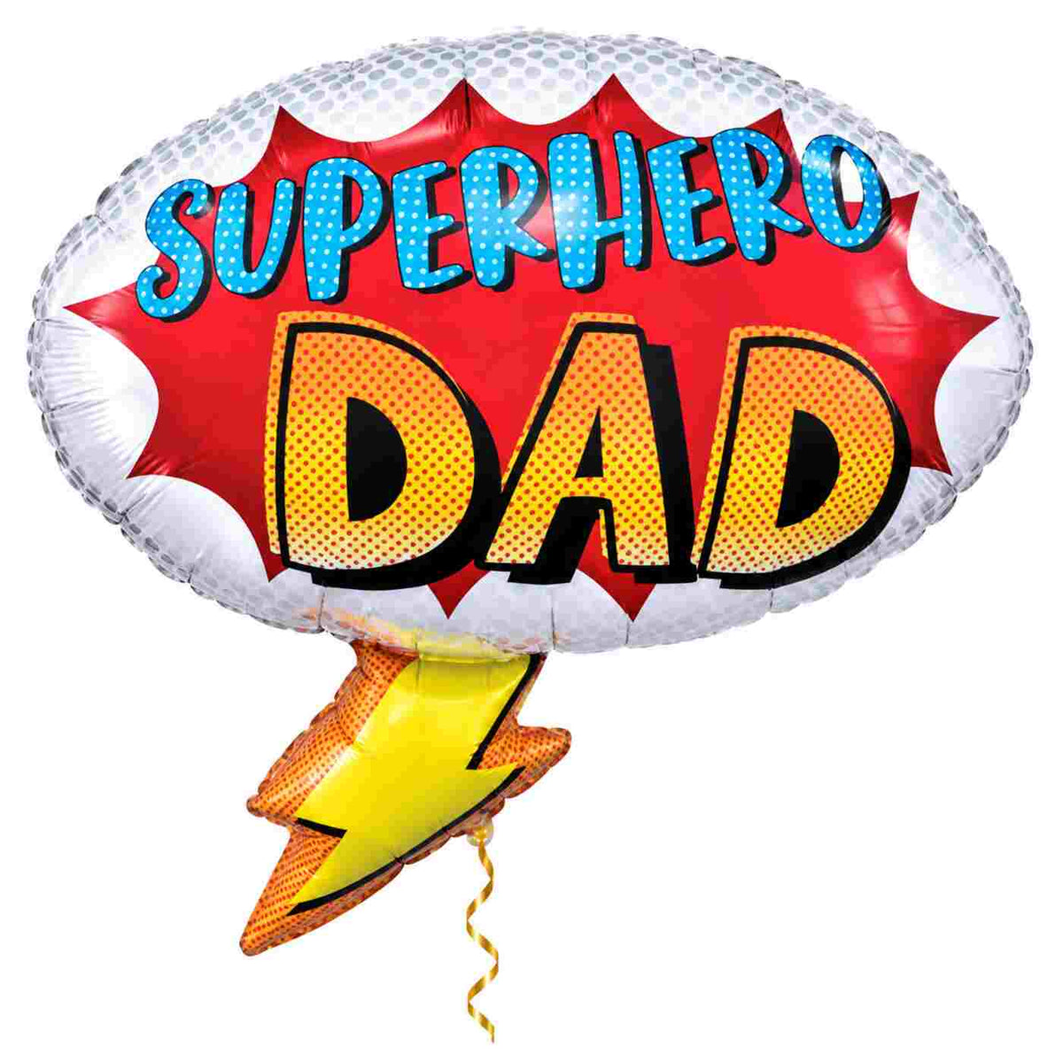 Superhero Dad Helium Ballon met dun metallic gouden lint op witte achtergrond – Ballonnenshop.nl