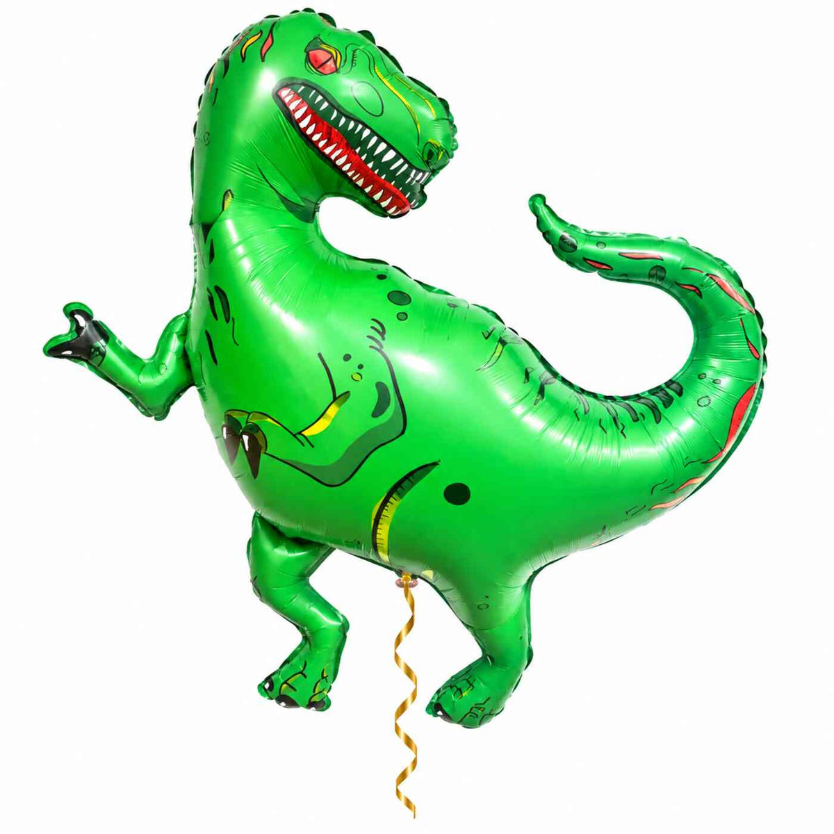 Tyrannosaurus Rex Dino XL Ballon met dun metallic gouden lint op witte achtergrond – Ballonnenshop.nl