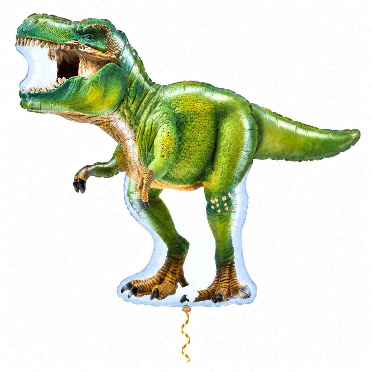 Tyrannosaurus Rex Dino XL Ballon met dun metallic gouden lint op witte achtergrond – Ballonnenshop.nl