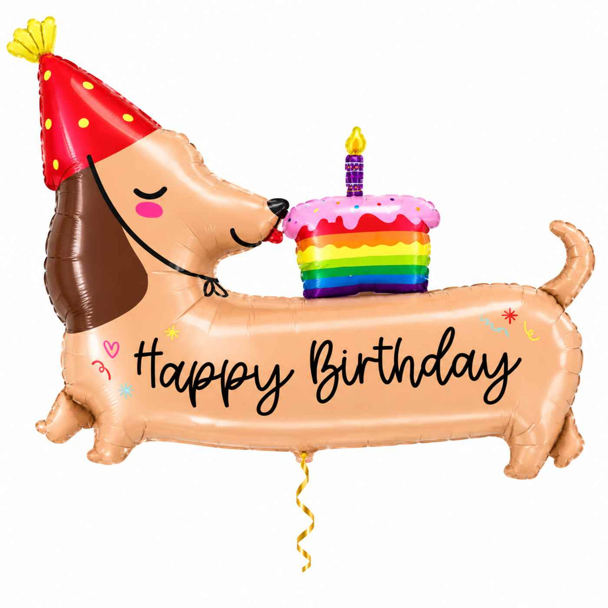 Teckel Happy Birthday XL Ballon met dun metallic gouden lint op witte achtergrond – Ballonnenshop.nl