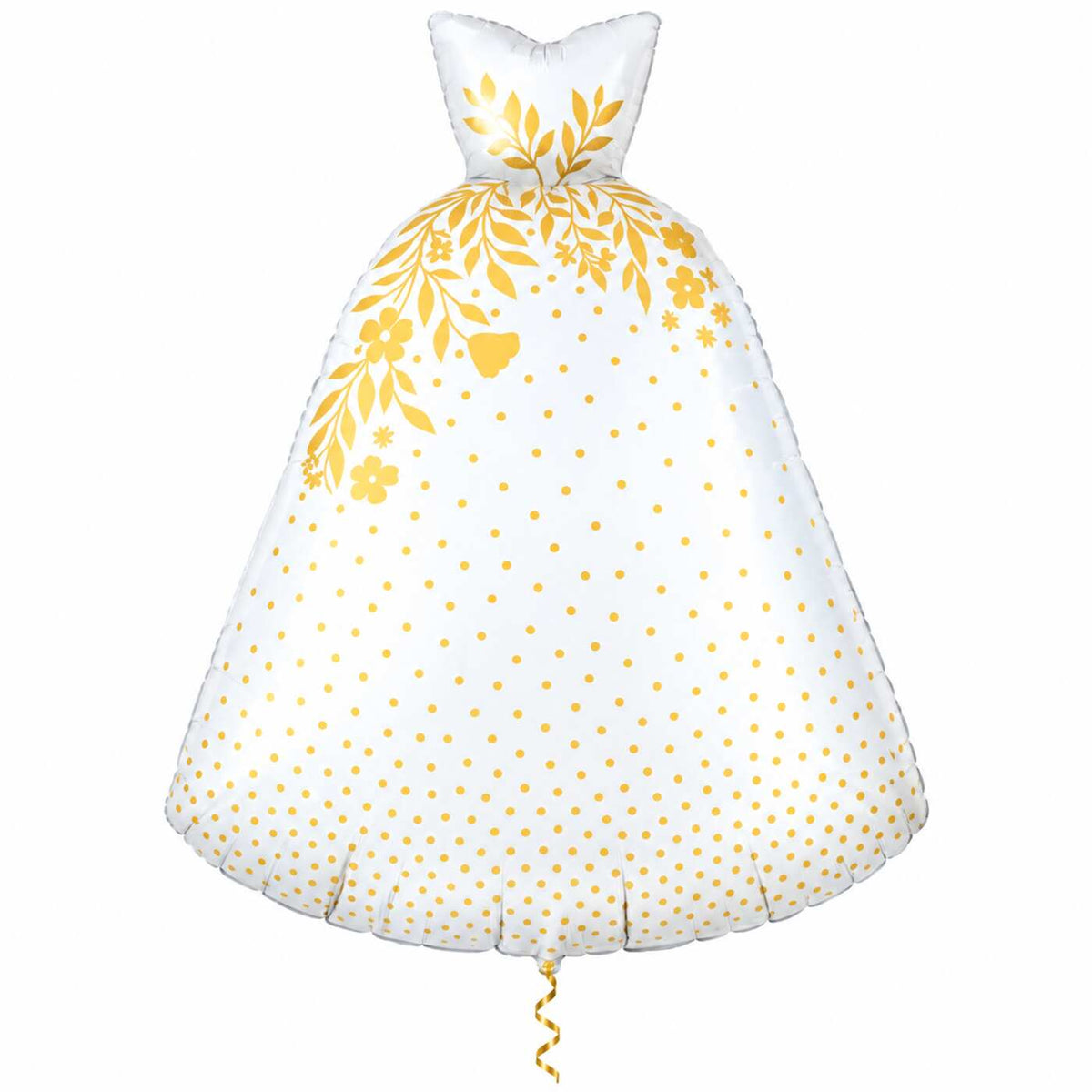 Trouwjurk Helium XL Ballon met dun metallic gouden lint op witte achtergrond – Ballonnenshop.nl