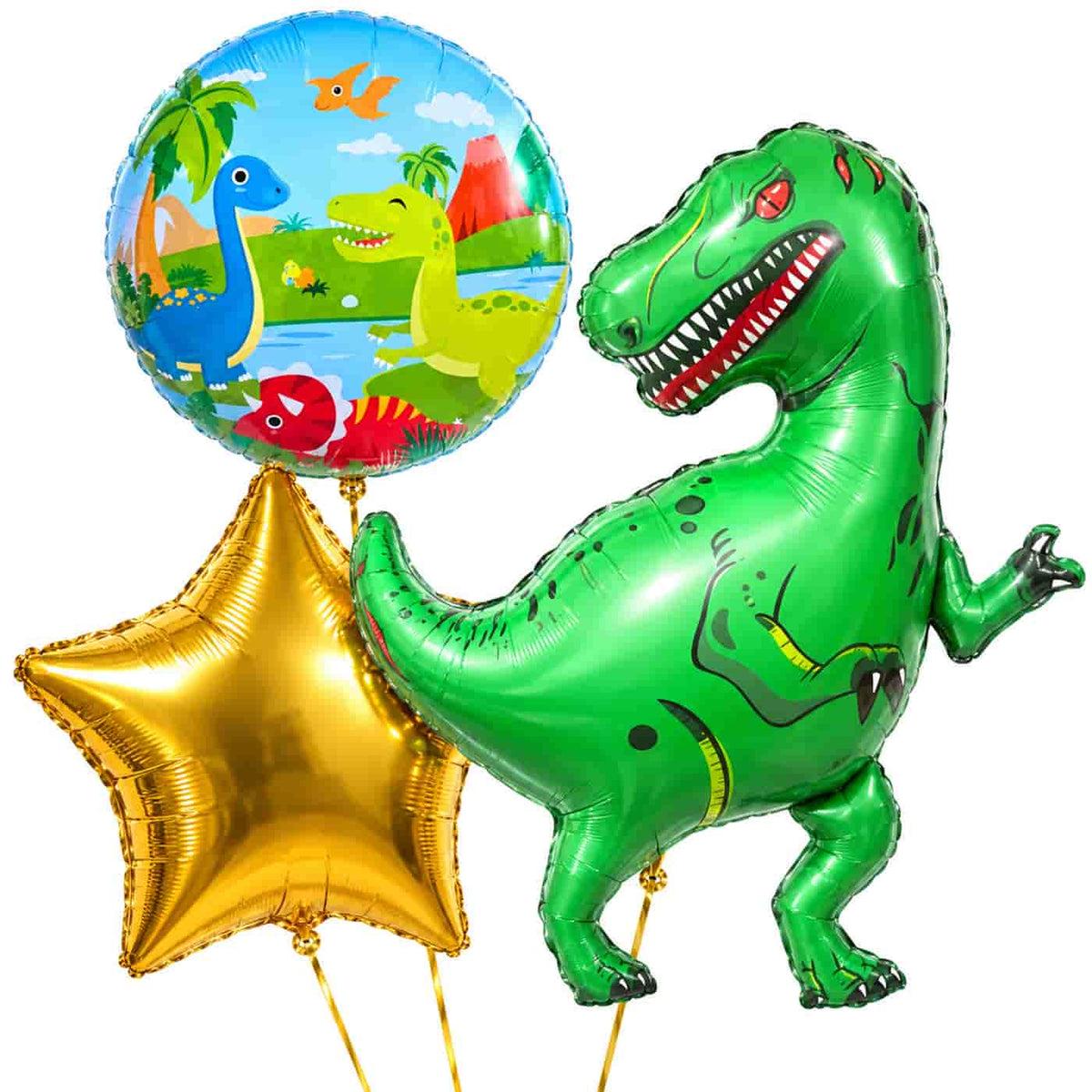 Tyrannosaurus Rex Dino Trosje Goud/Blauw/Groen/Rood – heliumgevulde ballonnen met dunne gouden lintjes op een witte achtergrond