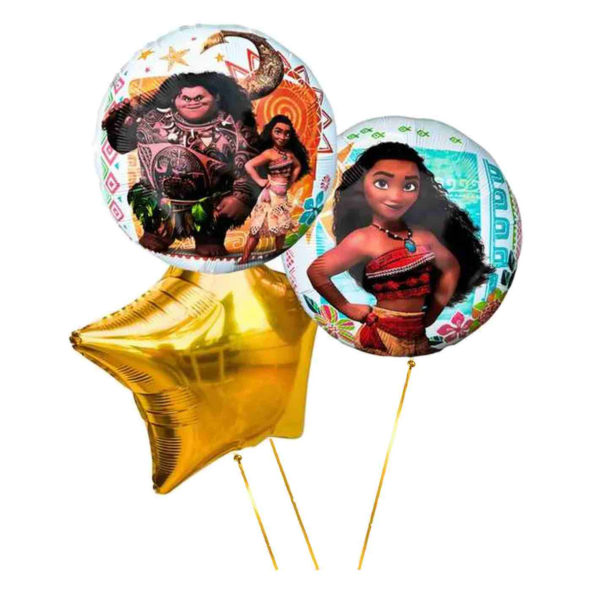 Vaiana & Maui Trosje Blauw/Wit/Goud – heliumgevulde ballonnen met dunne metallic-gouden lintjes op een witte achtergrond