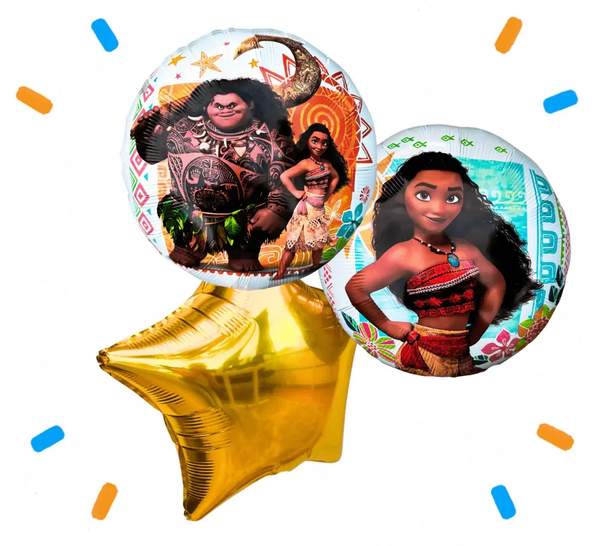 Vaiana & Maui Trosje Blauw/Wit/Goud – heliumgevulde ballonnen met dunne metallic-gouden lintjes op een witte achtergrond