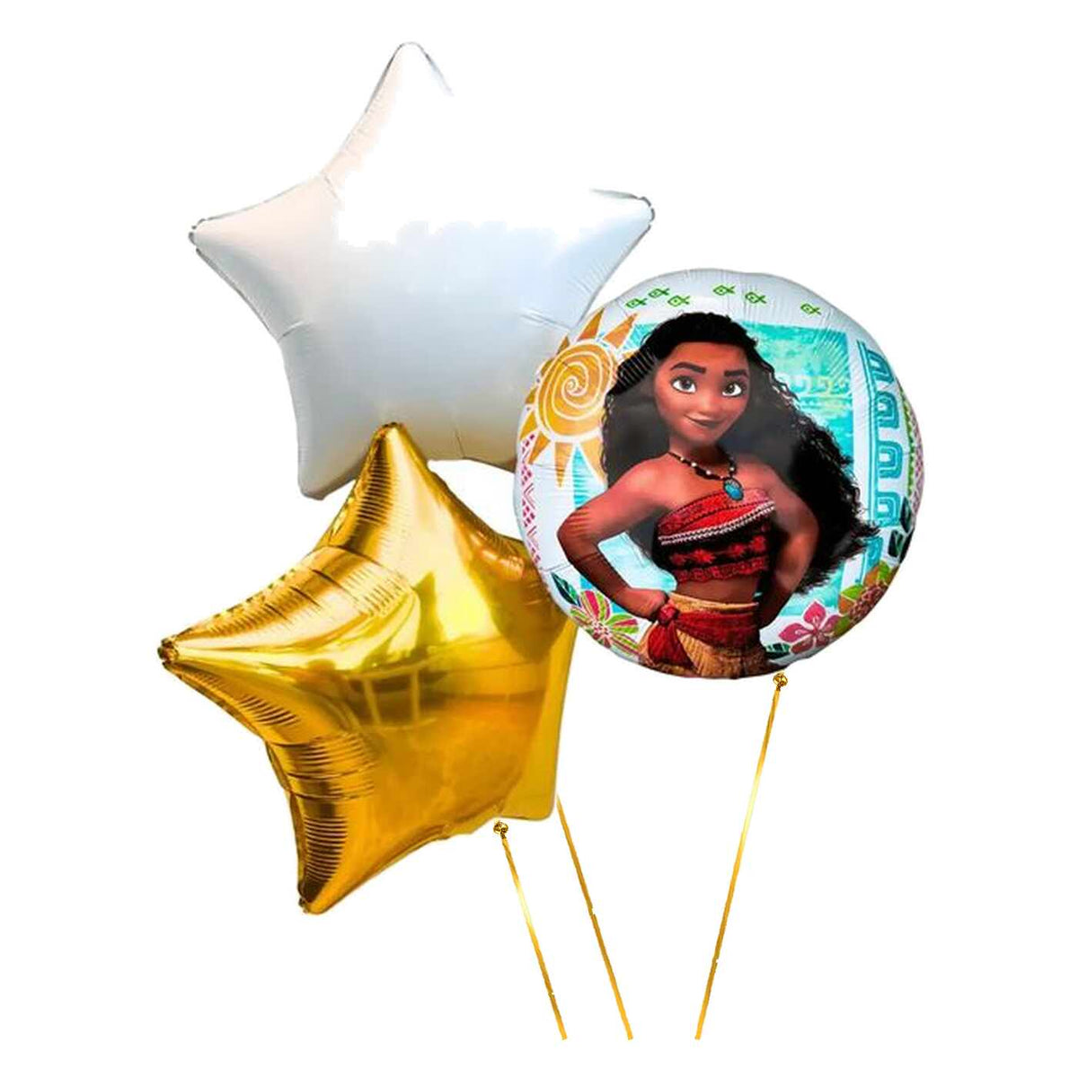 Vaiana Trosje Blauw/Wit/Goud – heliumgevulde ballonnen met dunne metallic-gouden lintjes op een witte achtergrond