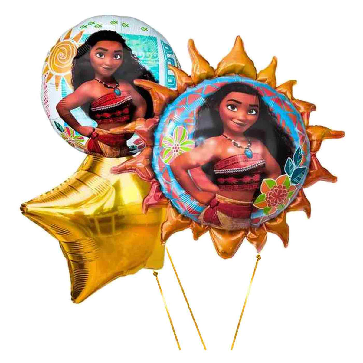 Vaiana Trosje Oranje/Wit/Goud – heliumgevulde ballonnen met dunne metallic-gouden lintjes op een witte achtergrond