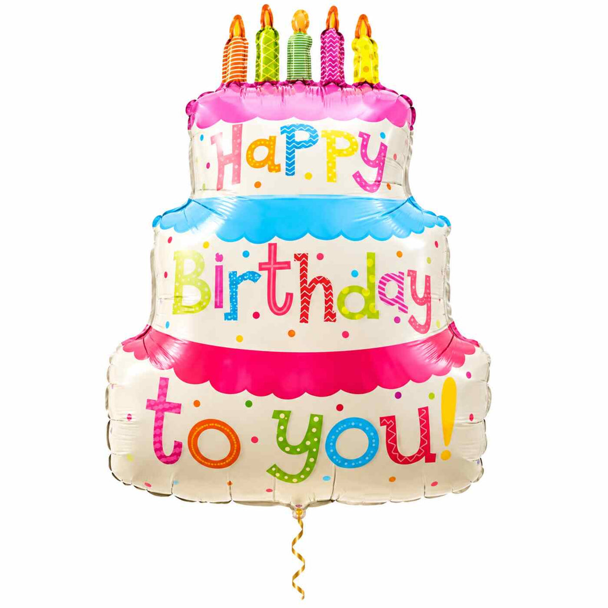 Verjaardagstaart Helium Ballon met dun metallic gouden lint op witte achtergrond – Ballonnenshop.nl