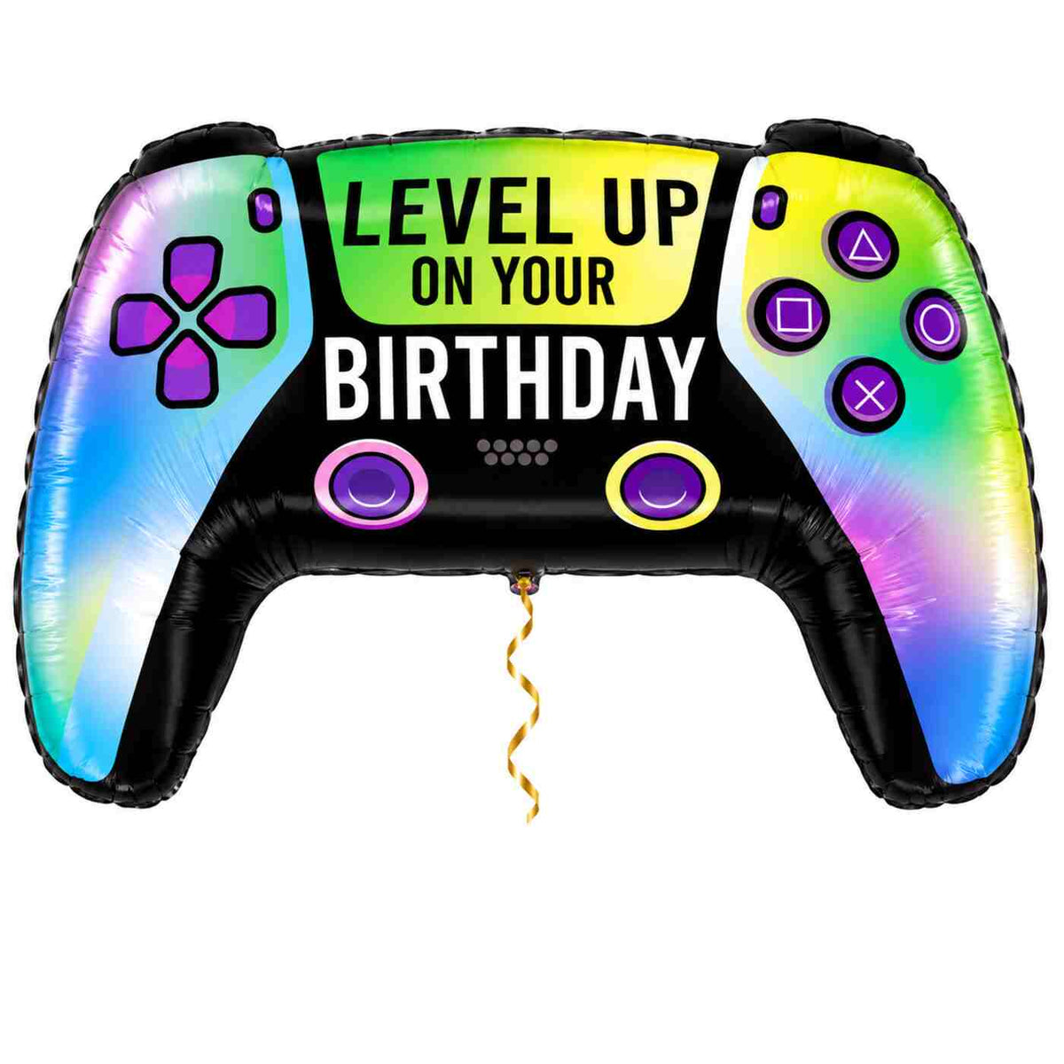 Vivid Game Controller Birthday XL met dun metallic gouden lint op witte achtergrond – Ballonnenshop.nl