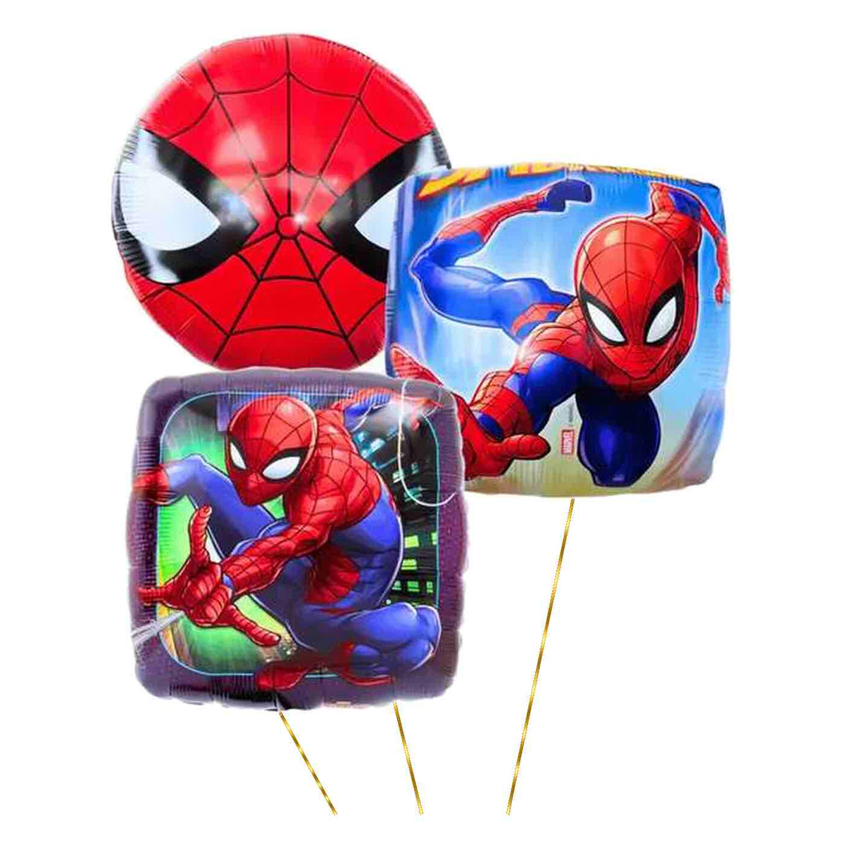 Vliegende Spiderman Trosje – heliumgevulde ballonnen met dunne metallic-gouden lintjes op een witte achtergrond