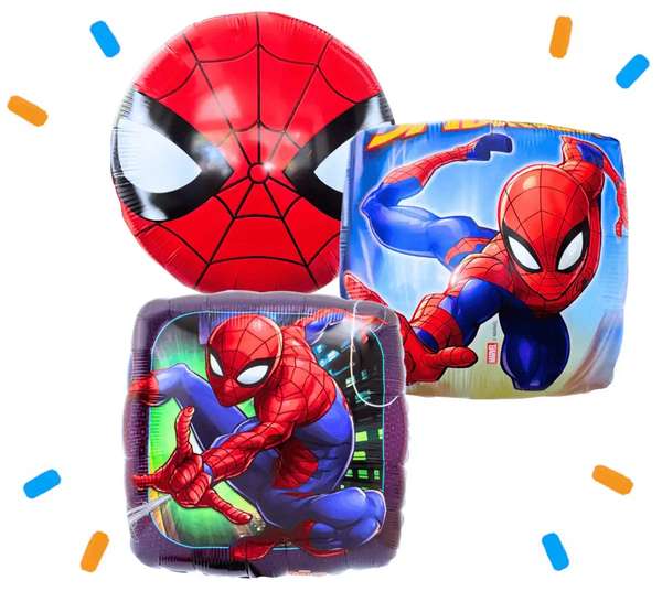 Vliegende Spiderman Trosje – heliumgevulde ballonnen met dunne metallic-gouden lintjes op een witte achtergrond