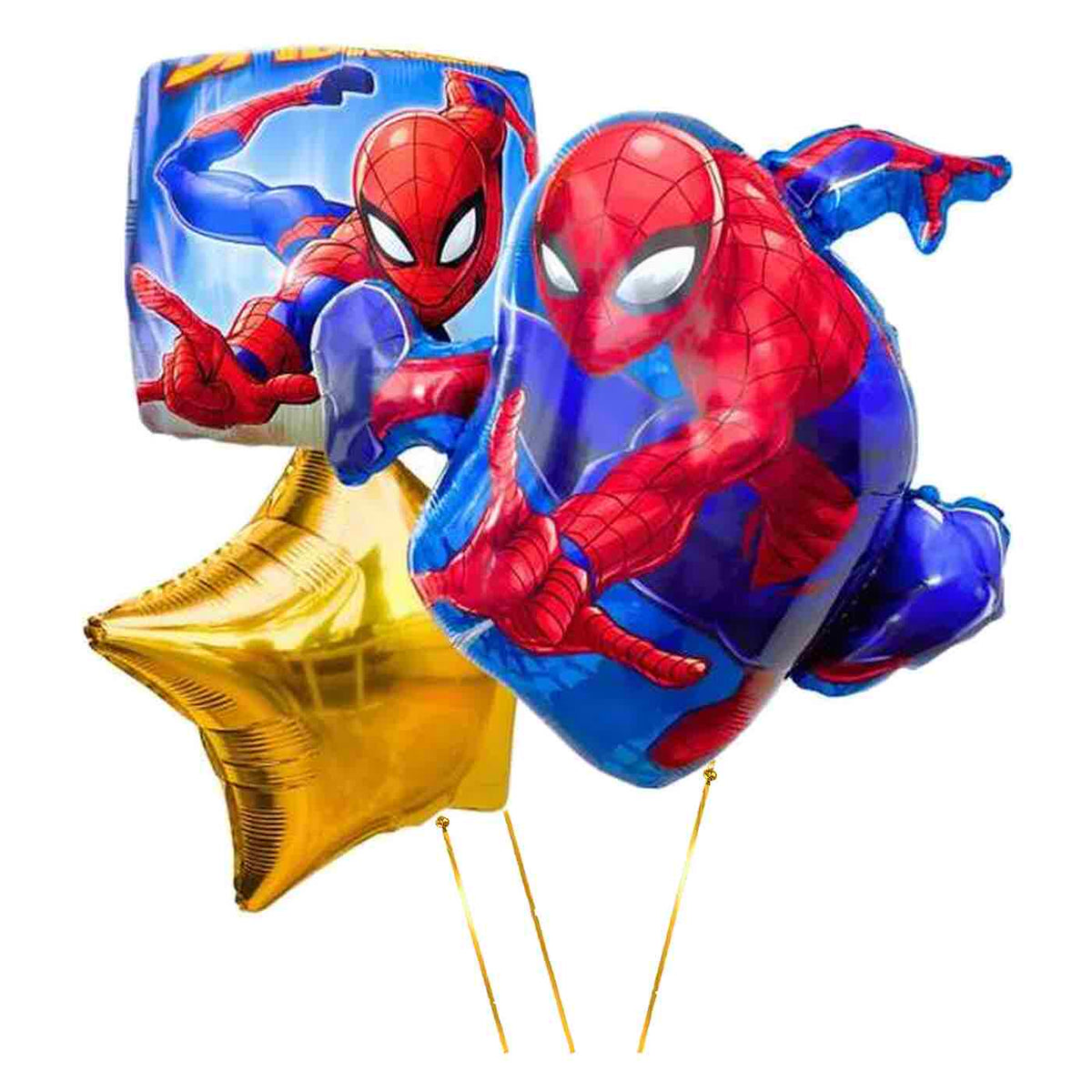 Vliegende Spiderman XL Trosje – heliumgevulde ballonnen met dunne metallic-gouden lintjes op een witte achtergrond