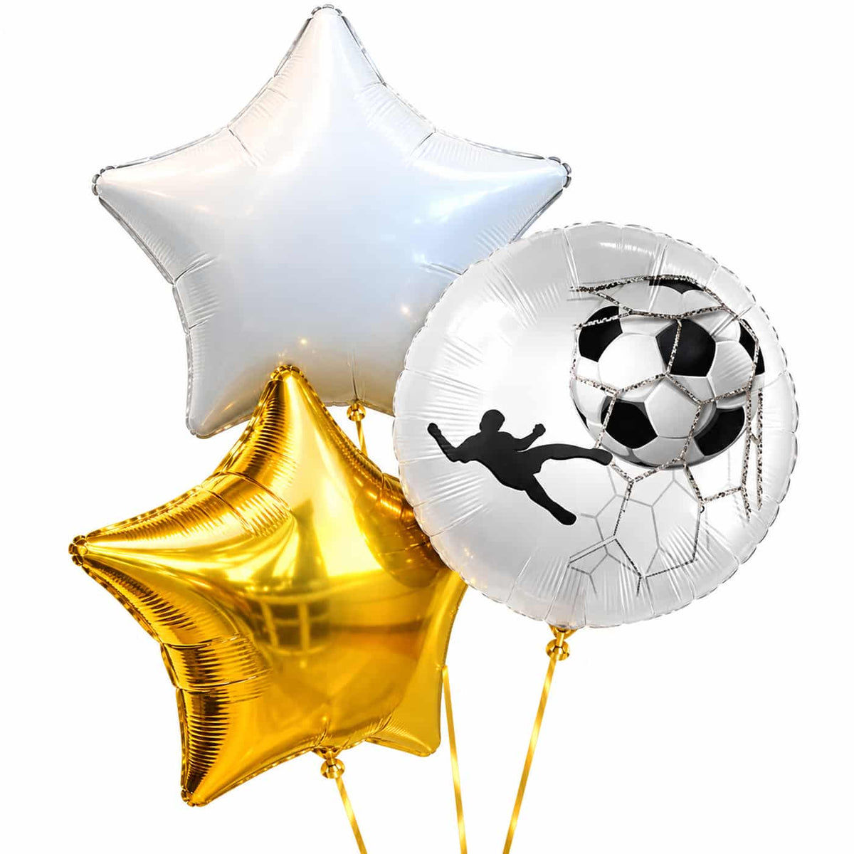 Voetbal Trosje Goud/Wit/Zwart – heliumgevulde ballonnen met dunne gouden lintjes op een witte achtergrond