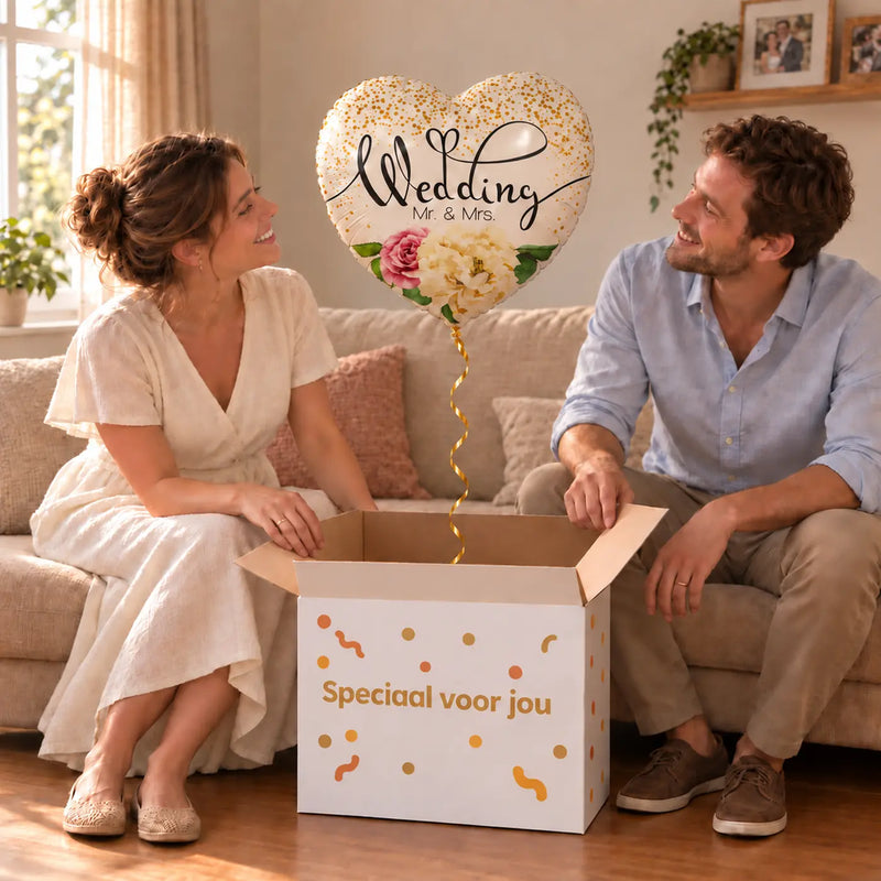 Uitpakmoment met Wedding Mr & Mrs Helium Ballon uit een cadeaudoos van Ballonnenshop.nl