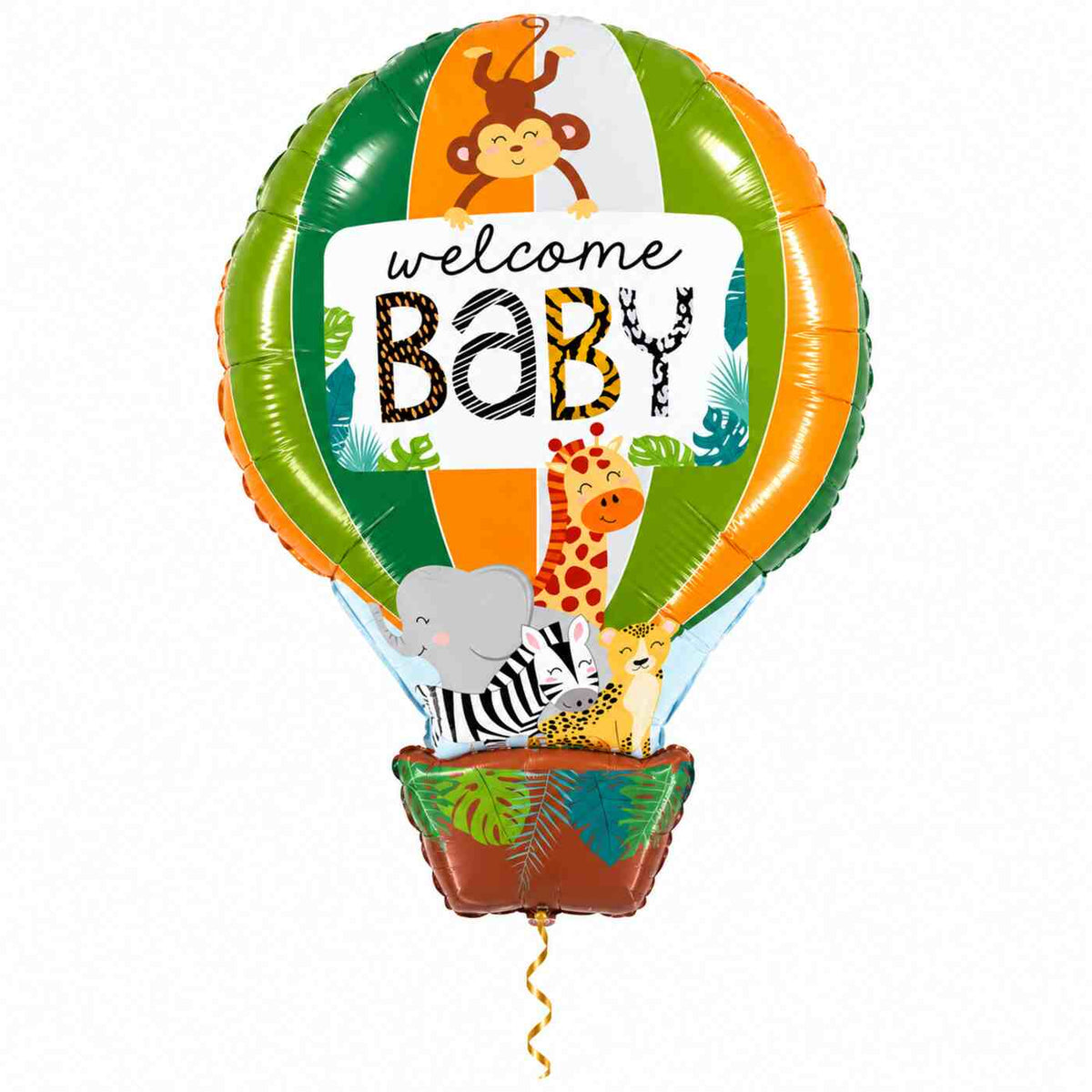 Welcome Baby luchtballon van 61 cm, gevuld met helium, met jungledieren en dun metallic-gouden lint – Ballonnenshop.nl