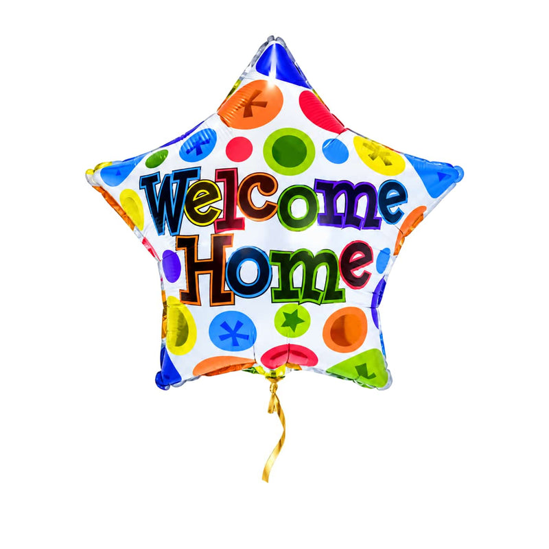 Welcome Home ster heliumballon met kleurrijke opdruk en kort gouden lint