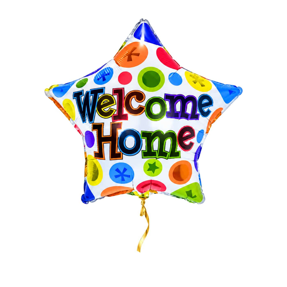 Welcome Home ster heliumballon met kleurrijke opdruk en kort gouden lint