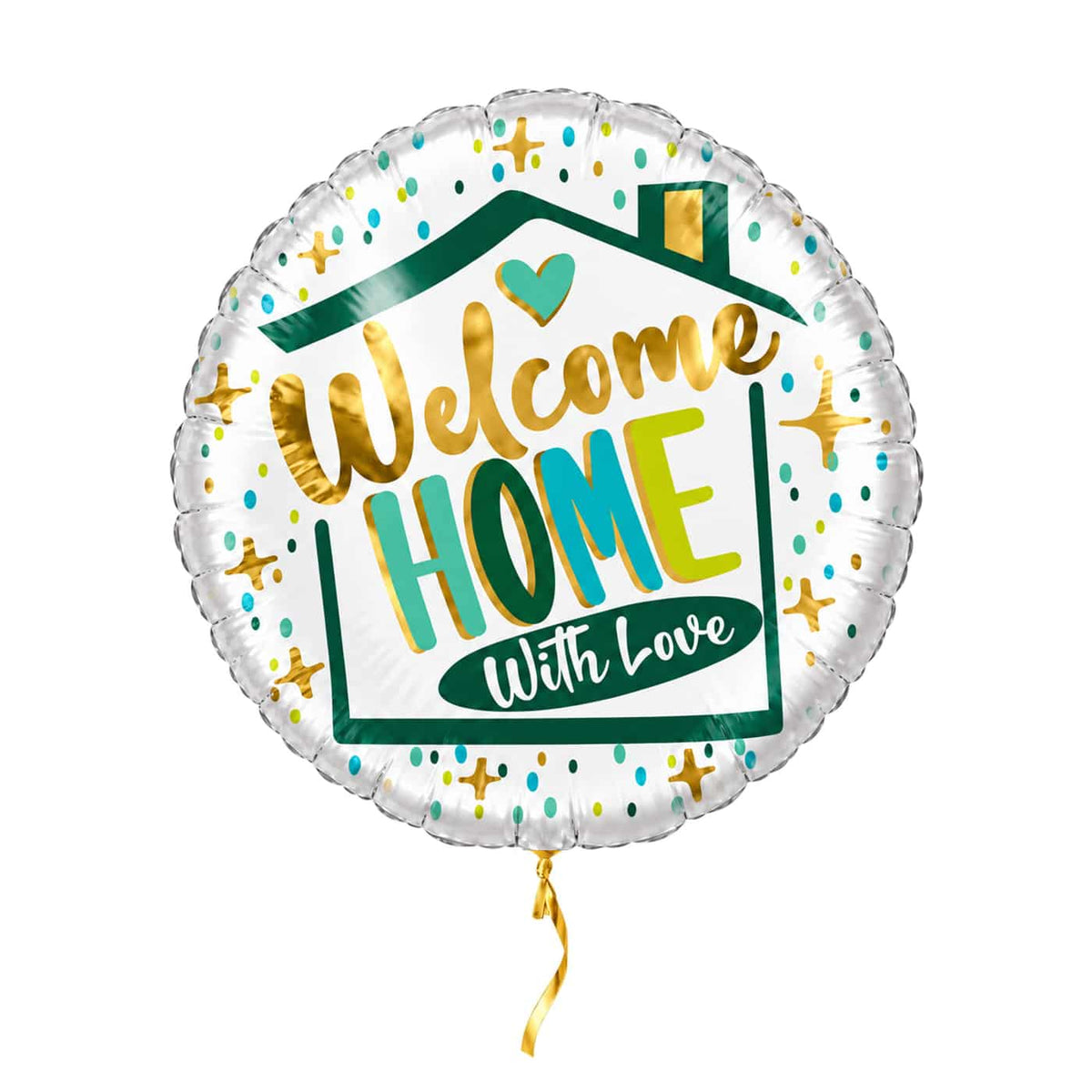 Welcome Home With Love heliumballon in wit, groen en goud met kort gouden lint