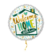 Welcome Home With Love heliumballon in wit, groen en goud met kort gouden lint