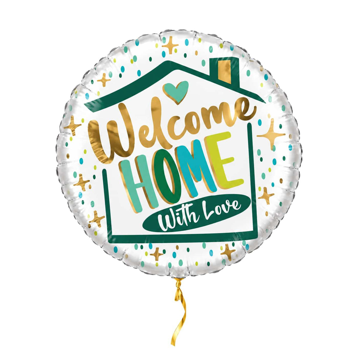 Welcome Home With Love heliumballon in wit, groen en goud met kort gouden lint