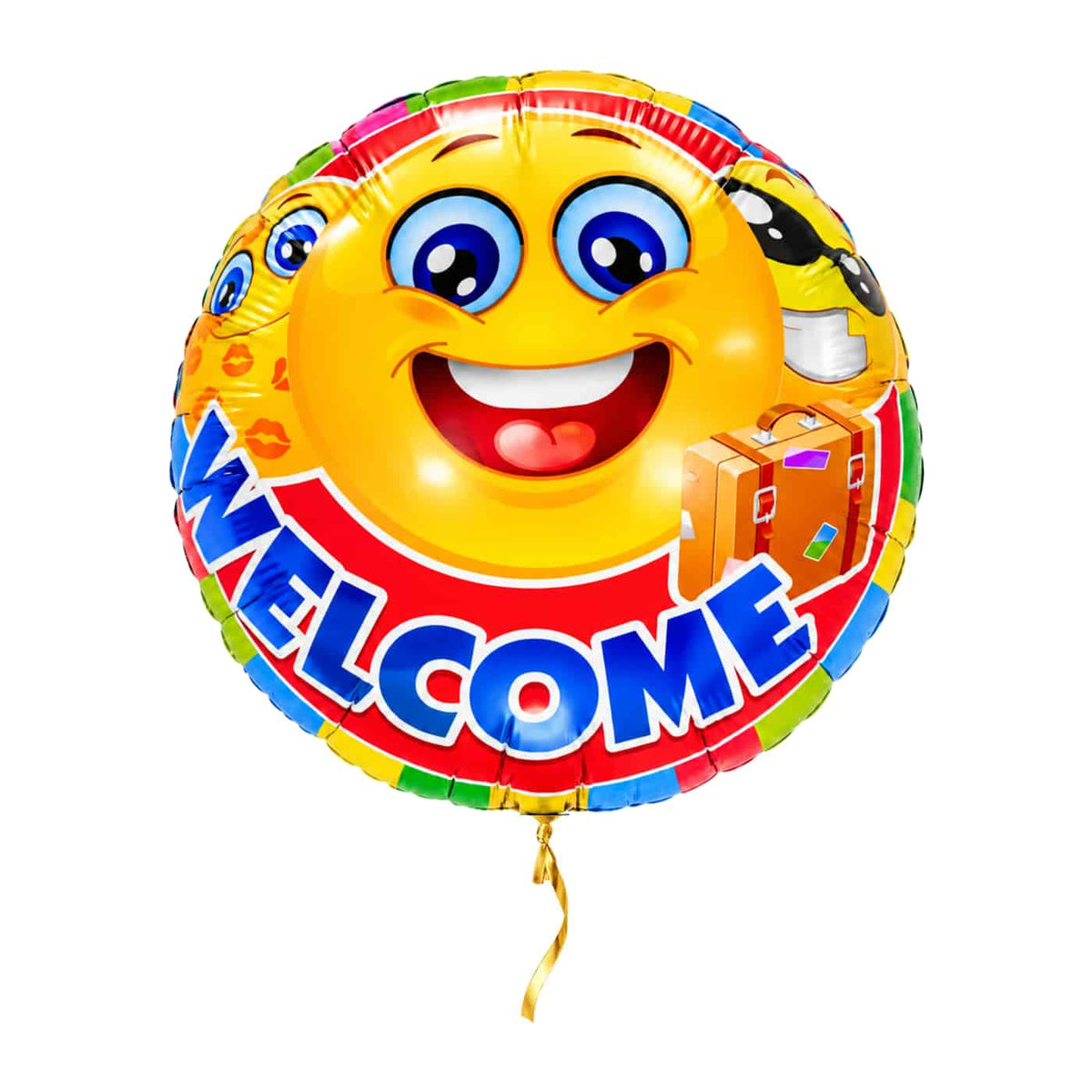 Welcome helium ballon met vrolijke smileys, heldere kleuren en kort gouden lint