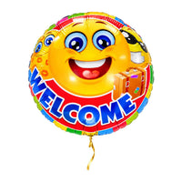 Welcome helium ballon met vrolijke smileys, heldere kleuren en kort gouden lint