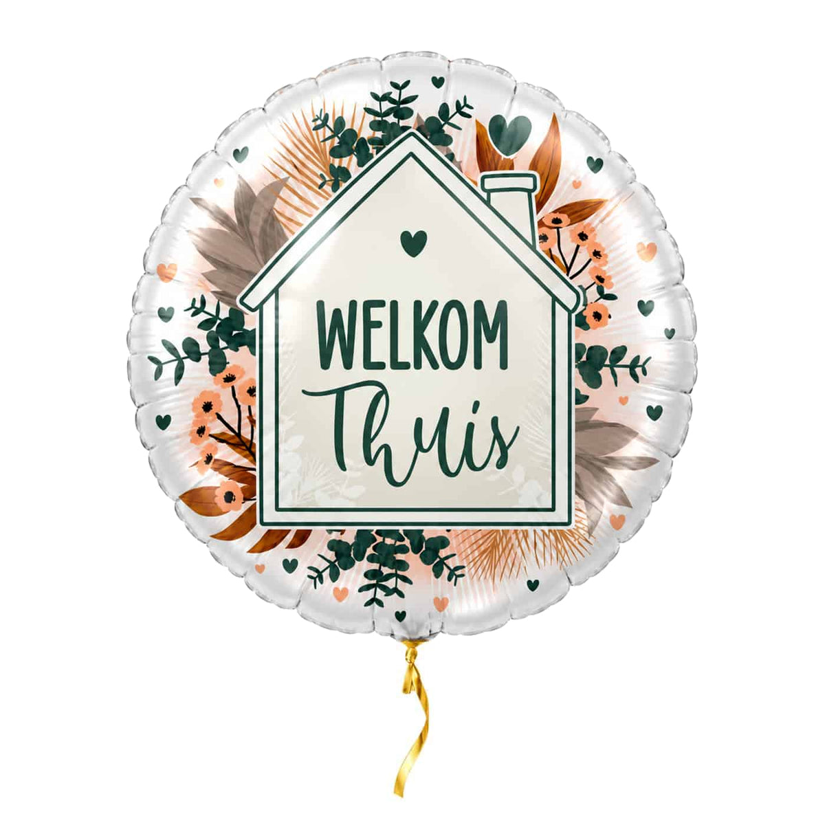 Welkom Thuis helium ballon met botanische opdruk en kort gouden lint