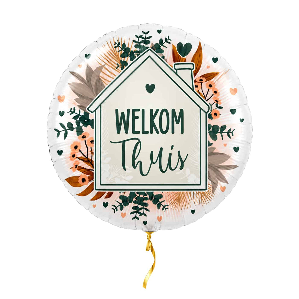 Welkom Thuis helium ballon met botanische opdruk en kort gouden lint