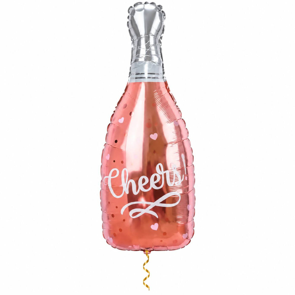 Wijnfles Cheers Helium Ballon met dun metallic gouden lint op witte achtergrond – Ballonnenshop.nl