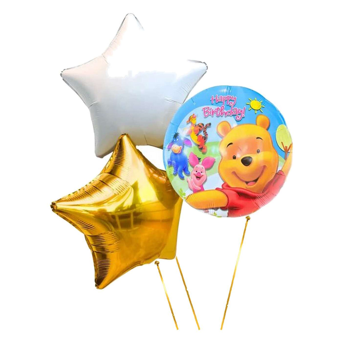 Winnie The Pooh Happy Birthday Trosje – 46 cm – heliumgevulde ballonnen met dunne metallic-gouden lintjes op een witte achtergrond