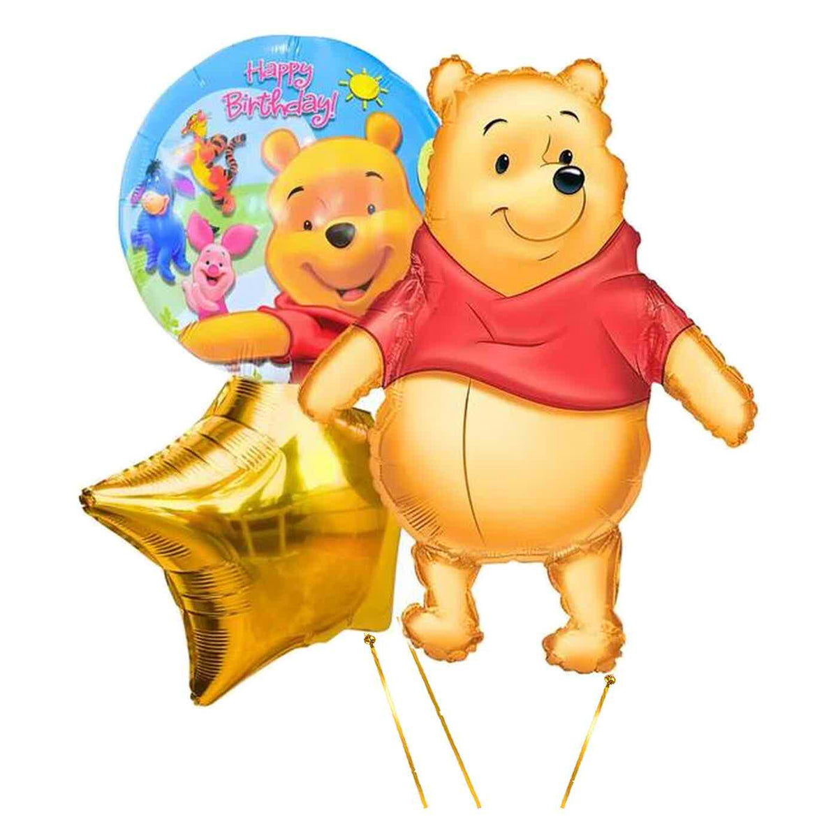 Winnie The Pooh Happy Birthday Trosje – 73 cm – heliumgevulde ballonnen met dunne metallic-gouden lintjes op een witte achtergrond