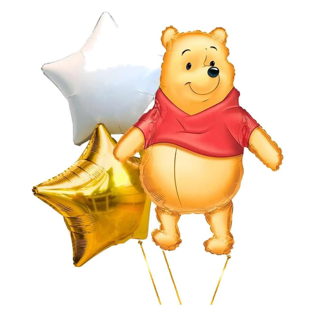 Winnie The Pooh Trosje – heliumgevulde ballonnen met dunne metallic-gouden lintjes op een witte achtergrond