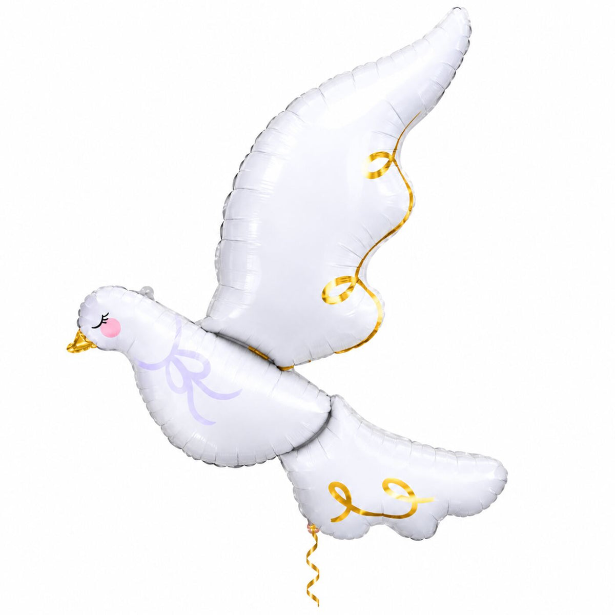 Witte Duif Helium XL Ballon met dun metallic gouden lint op witte achtergrond – Ballonnenshop.nl
