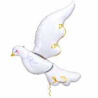 Witte Duif Helium XL Ballon met dun metallic gouden lint op witte achtergrond – Ballonnenshop.nl