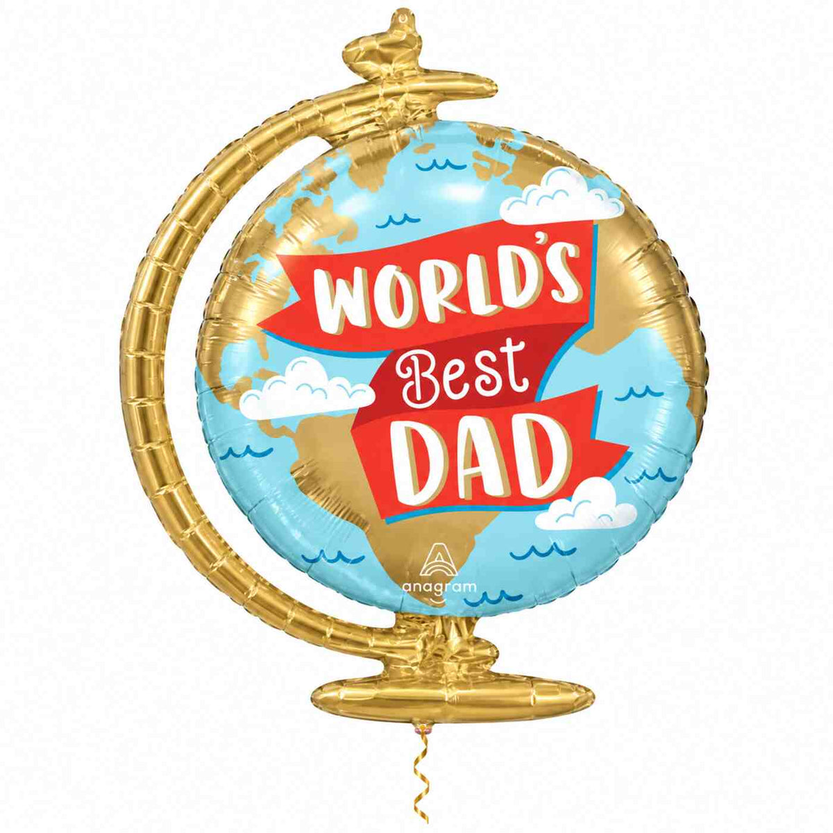 World's Best Dad Wereldbol Ballon met dun metallic gouden lint op witte achtergrond – Ballonnenshop.nl