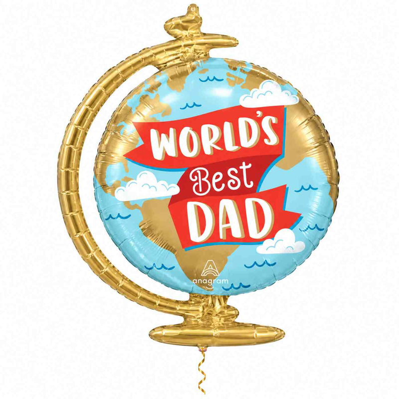 World's Best Dad Wereldbol Ballon met dun metallic gouden lint op witte achtergrond – Ballonnenshop.nl