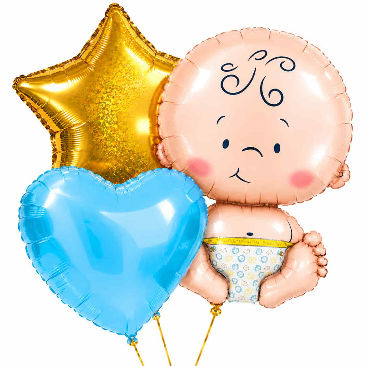 Baby Trosje Ballonnen Blauw – drie met helium gevulde ballonnen met gouden lintjes