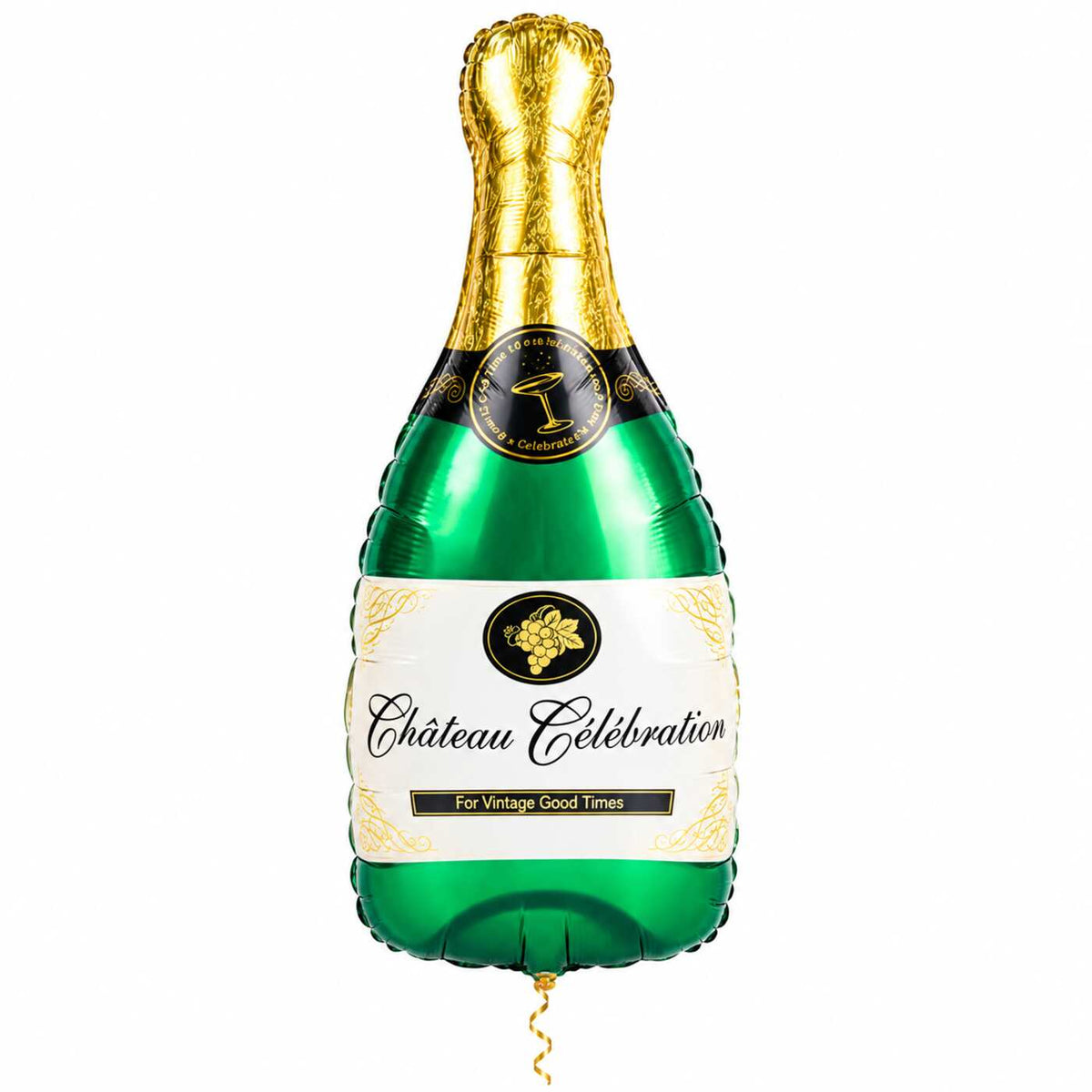 Champagne Fles Helium XL Ballon met dun metallic gouden lint op witte achtergrond – Ballonnenshop.nl
