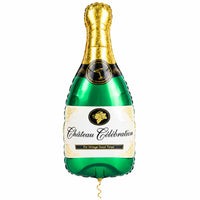 Champagne Fles Helium XL Ballon met dun metallic gouden lint op witte achtergrond – Ballonnenshop.nl