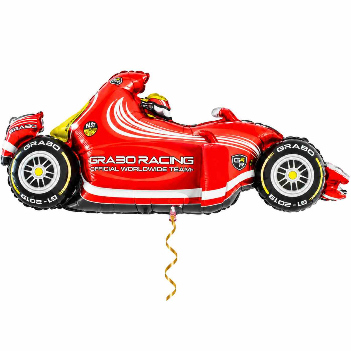 F1 Raceauto Helium XL Ballon met dun metallic gouden lint op witte achtergrond – Ballonnenshop.nl